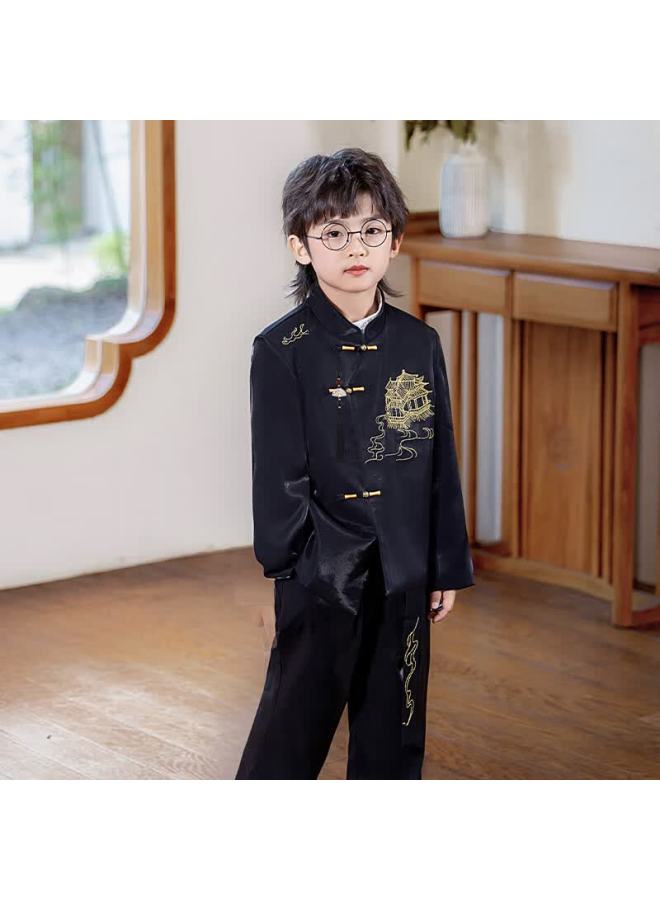 Luobobeibei Boys' Tang Suit New Chinese Style Embroidered Hanfu Children's Ceremony Host New Year Outfit Black Two-piece Set Size 130 - Image 2