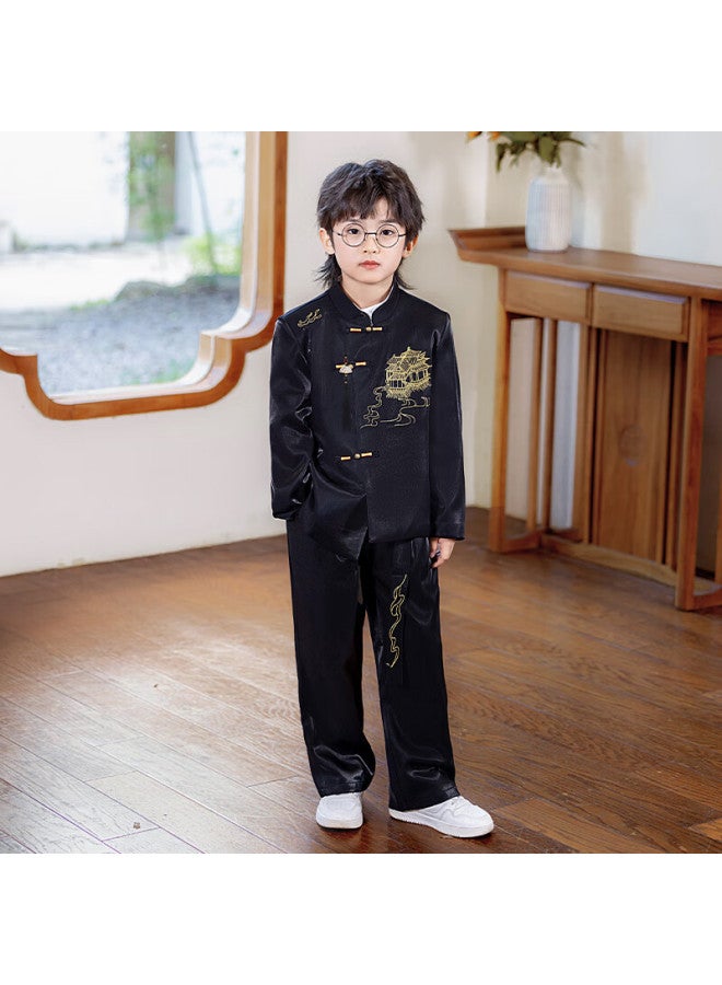 Luobobeibei Boys' Tang Suit New Chinese Style Embroidered Hanfu Children's Ceremony Host New Year Outfit Black Two-piece Set Size 130 - Image 3