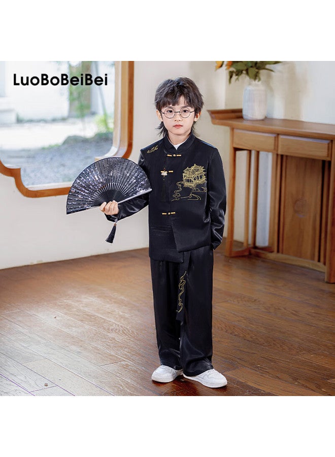 Luobobeibei Boys' Tang Suit New Chinese Style Embroidered Hanfu Children's Ceremony Host New Year Outfit Black Two-piece Set Size 130 - Image 1