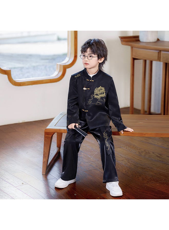 Luobobeibei Boys' Tang Suit New Chinese Style Embroidered Hanfu Children's Ceremony Host New Year Outfit Black Two-piece Set Size 130 - Image 4