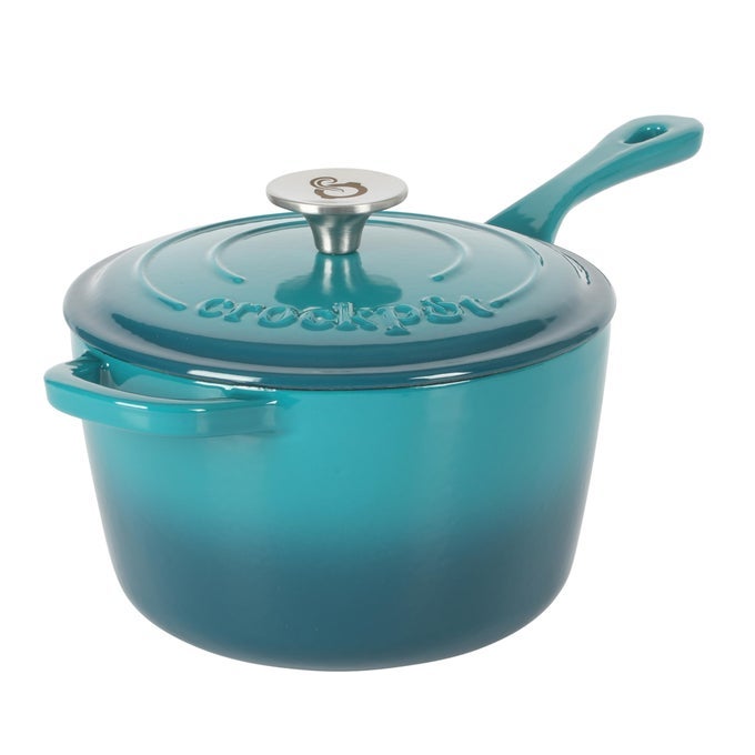 CROCKPOT 3 QT ENAMEL CAST IRON SAUCE PAN WLID TEAL OMBRE