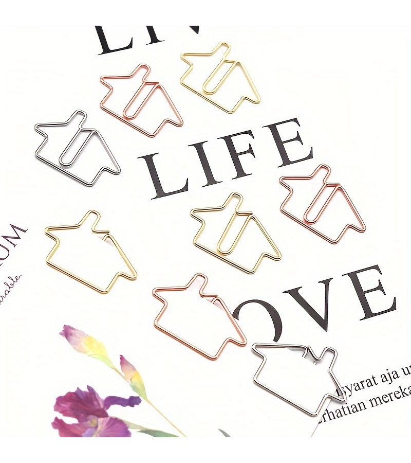 A Set Of 30 Rose Golden Iron Paper Clips House Shape For Organizing Office Documents Student Papers And Colorful Files - Image 1