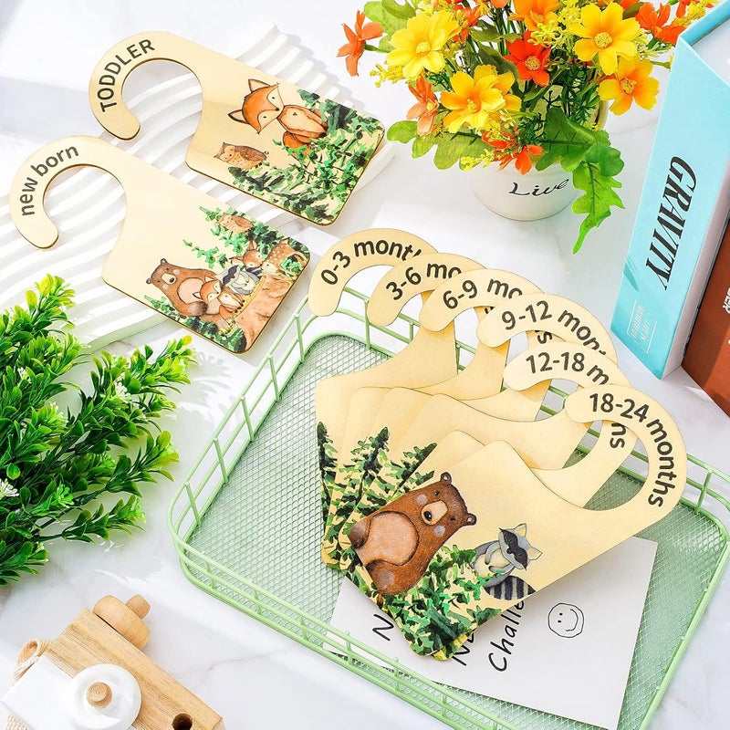 Whaline 8Pcs Woodland Design Hanging Wooden Baby Closet Size Dividers and Organizer  Newborn to 24 Months  Thicken Wardrobe Organizer for Home Nursery Clothes Decor - Image 2
