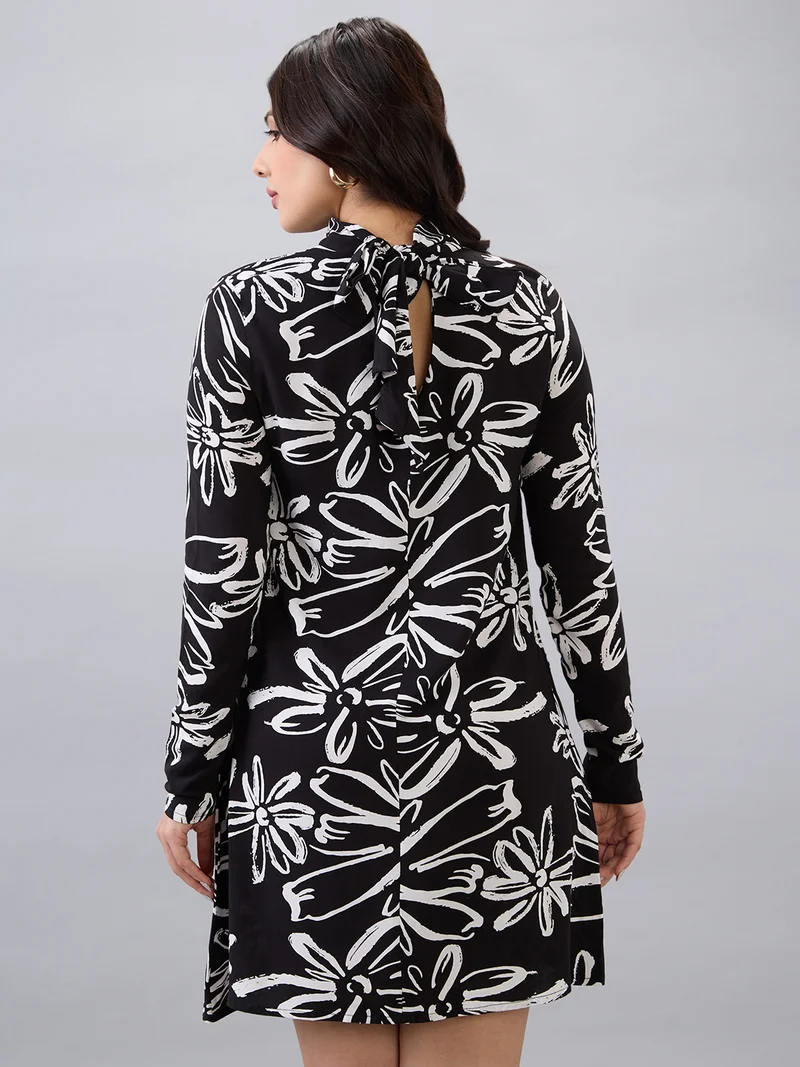 globus  Globus Women Black High Neck Back Tie-Up Long Sleeves Floral Print Mini A-Line Dress for Women | Best Price UAE