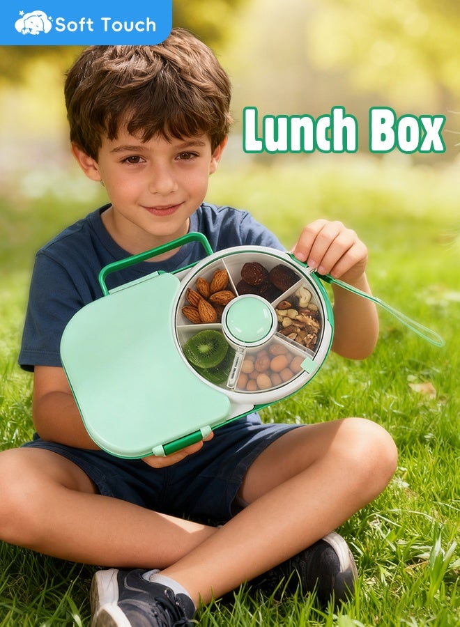 Soft Touch Baby Lunch Box, Snack Spinner Bento Box with Hand Strap and Sticker Sheet,  2-in-1 Toddler Lunch Container, 5 Small and 1 Large Sandwich Compartment for Home School and Travel (Green) - Image 2