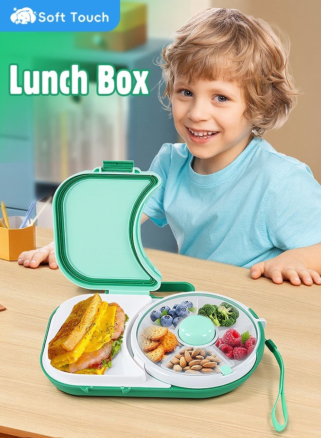 Soft Touch Baby Lunch Box, Snack Spinner Bento Box with Hand Strap and Sticker Sheet,  2-in-1 Toddler Lunch Container, 5 Small and 1 Large Sandwich Compartment for Home School and Travel (Green) - Image 1