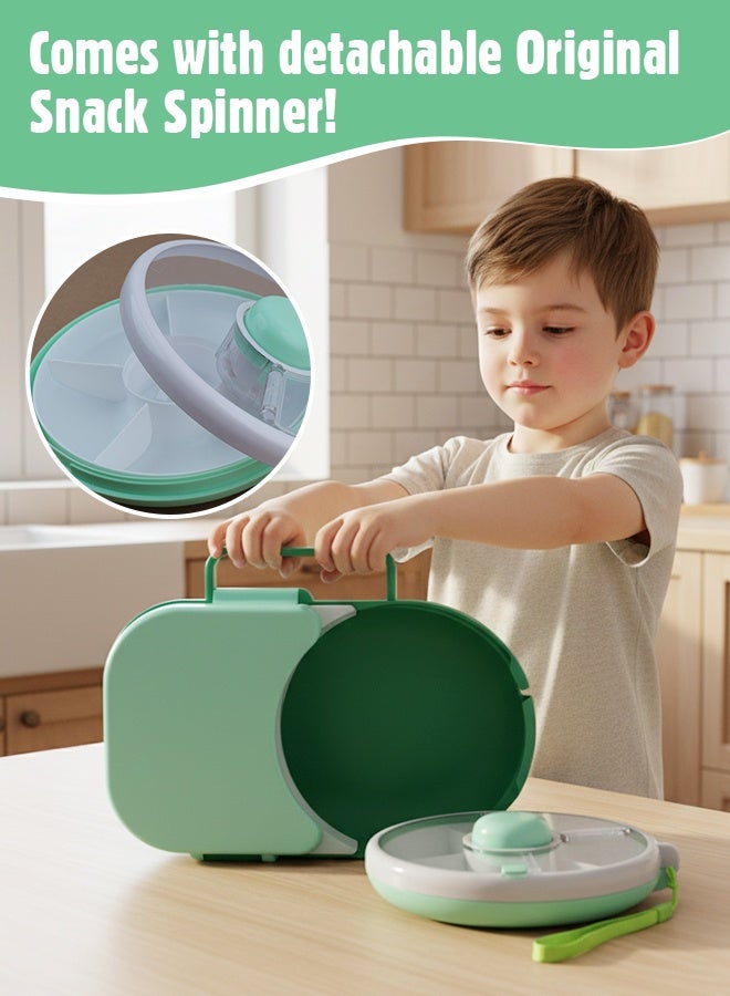 Soft Touch Baby Lunch Box, Snack Spinner Bento Box with Hand Strap and Sticker Sheet,  2-in-1 Toddler Lunch Container, 5 Small and 1 Large Sandwich Compartment for Home School and Travel (Green) - Image 5