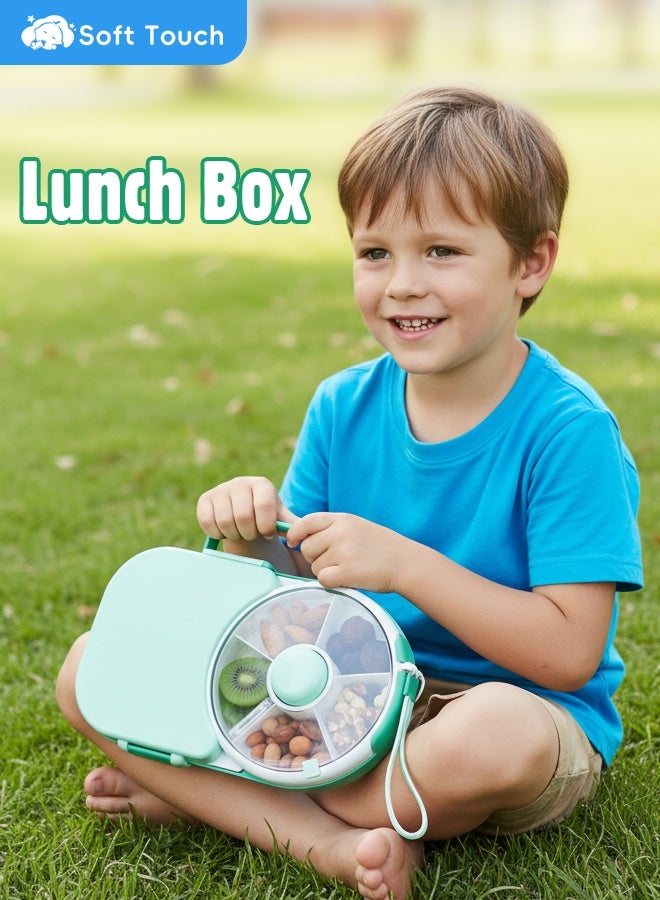 Soft Touch Baby Lunch Box, Snack Spinner Bento Box with Hand Strap and Sticker Sheet,  2-in-1 Toddler Lunch Container, 5 Small and 1 Large Sandwich Compartment for Home School and Travel (Green) - Image 3