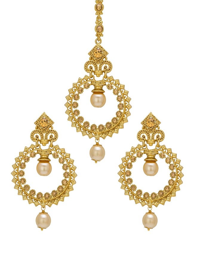 بينداني أقراط هندية صغيرة مزينة بقطرات لؤلؤ بيندهاني، بتصميمات دقيقة، مع تيكا مانغ تيكا للنساء - Image 1