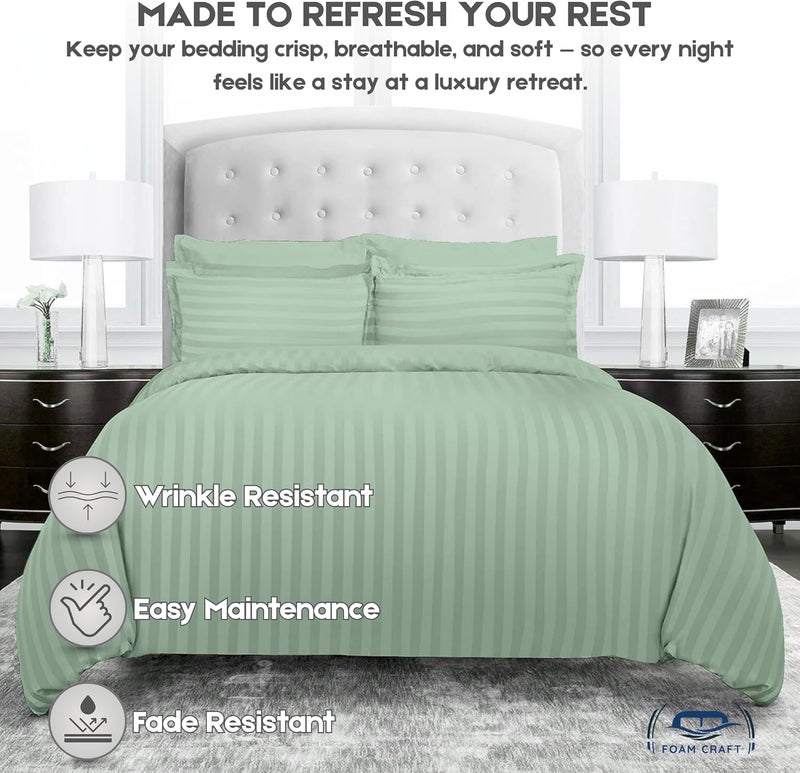 FOAM CRAFT Stripe 3-Piece Duvet Cover Set - 100% Cotton, Sage Green, Queen Size - Image 4