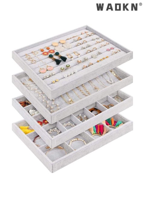 WAOKN Stackable Velvet Jewelry Trays Organizer, Jewelry Storage Display Trays for Drawer, Earring Necklace Bracelet Ring Organizer, Set of 4 (Grey)
