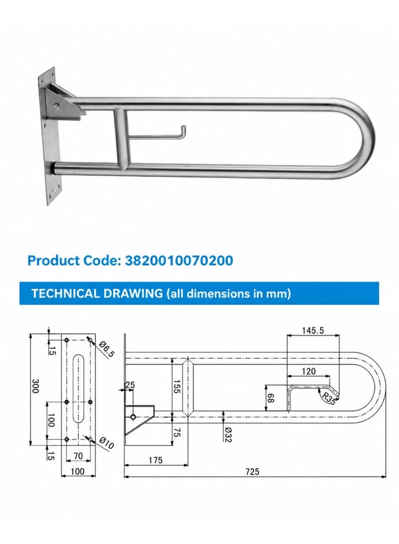 Wall mounted Foldable Hand Rail Stainless Steel Body Made in India