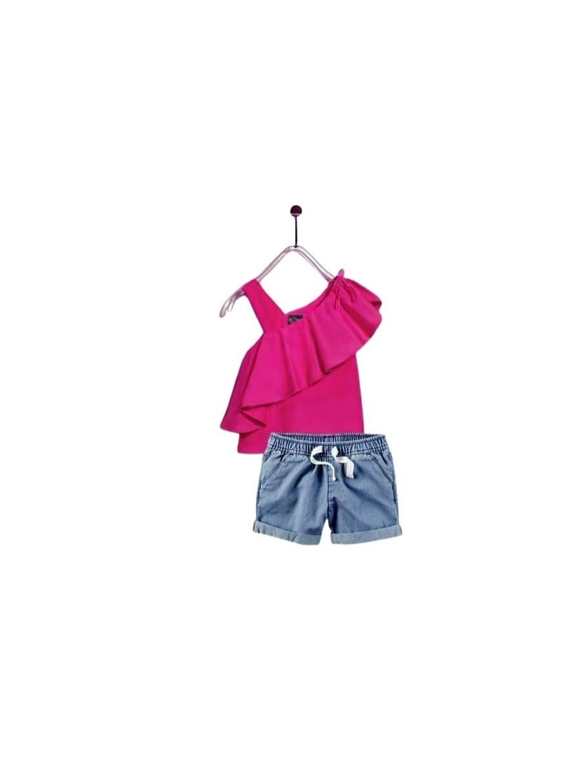 Girls' outing set consisting of a fuchsia T-shirt and jeans shorts 