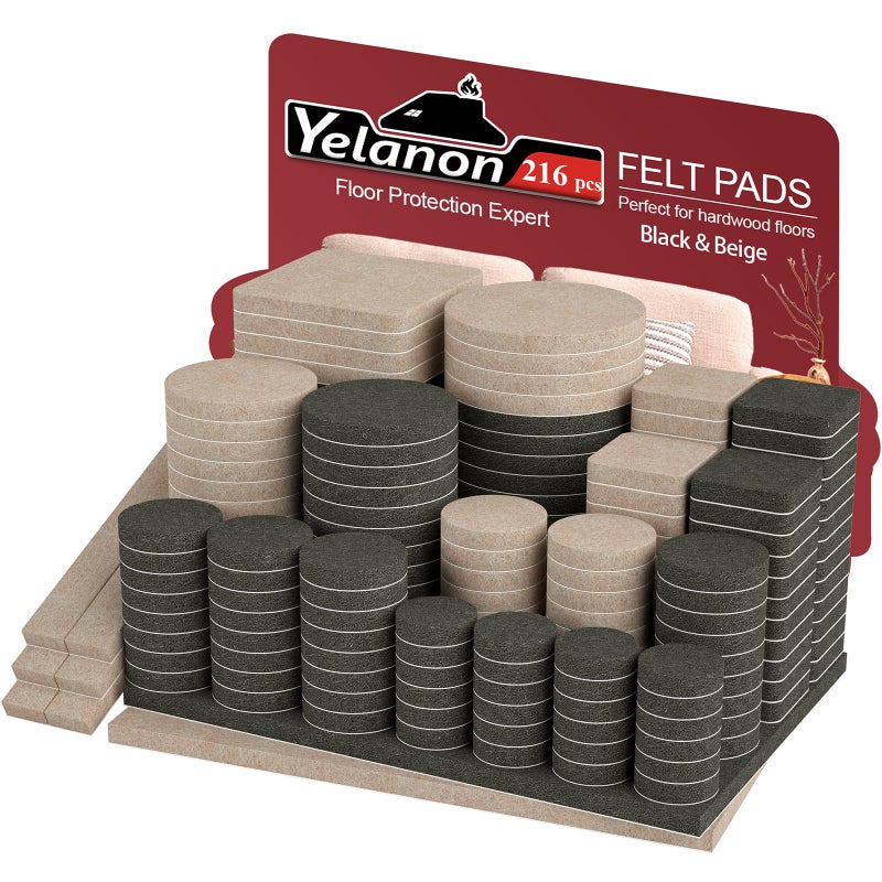 Yelanon Felt Furniture Pads for Hardwood Floors 216 Pcs Premium Felt Pads for Chair Legs Floor Protectors for Furniture Beige Black
