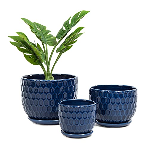 Nattol Ceramic Flower Pots with Drainage Hole and Saucer, North European Style Round Indoor Succulent Planters with Honeycomb Inspired Texture Design, Small to Medium-Sized, Set of 3, Navy Blue - Image 1