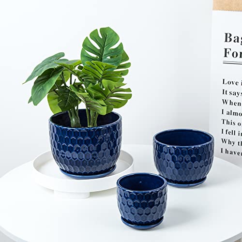 Nattol Ceramic Flower Pots with Drainage Hole and Saucer, North European Style Round Indoor Succulent Planters with Honeycomb Inspired Texture Design, Small to Medium-Sized, Set of 3, Navy Blue - Image 3