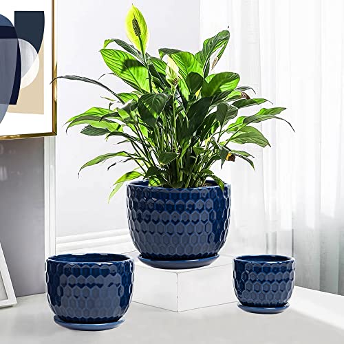 Nattol Ceramic Flower Pots with Drainage Hole and Saucer, North European Style Round Indoor Succulent Planters with Honeycomb Inspired Texture Design, Small to Medium-Sized, Set of 3, Navy Blue - Image 2