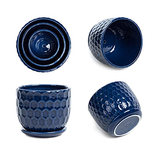 Nattol Ceramic Flower Pots with Drainage Hole and Saucer, North European Style Round Indoor Succulent Planters with Honeycomb Inspired Texture Design, Small to Medium-Sized, Set of 3, Navy Blue - Image 5