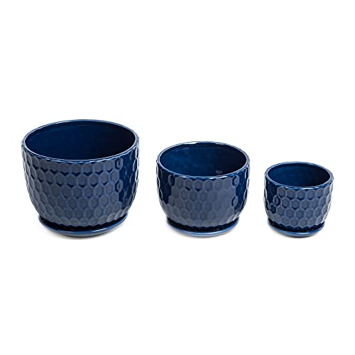 Nattol Ceramic Flower Pots with Drainage Hole and Saucer, North European Style Round Indoor Succulent Planters with Honeycomb Inspired Texture Design, Small to Medium-Sized, Set of 3, Navy Blue - Image 4