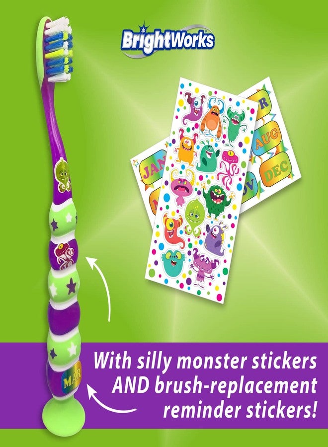 BrightWorks Kids’ Suction Cup Toothbrushes (10-Pack), Soft Bristles, with Bonus Fun Monster Stickers. Children’s Size, Vibrant, Multiple Colors. - Image 5