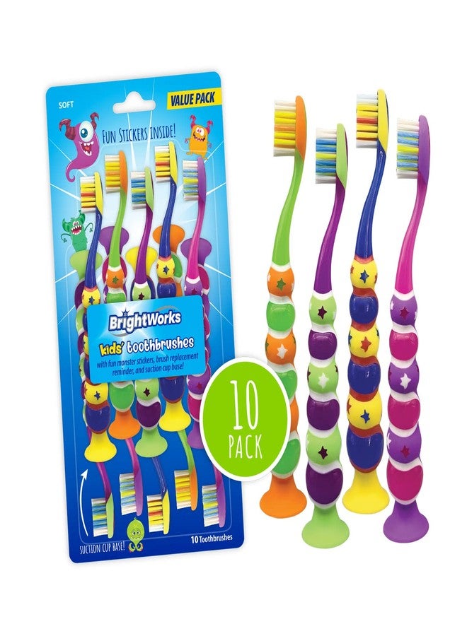 BrightWorks Kids’ Suction Cup Toothbrushes (10-Pack), Soft Bristles, with Bonus Fun Monster Stickers. Children’s Size, Vibrant, Multiple Colors. - Image 3
