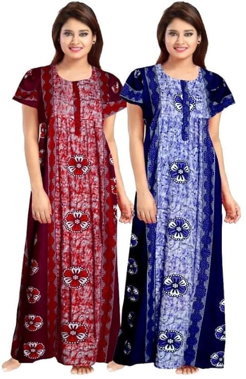 YUKATA Nighty for Women Cotton Printed Maxi Gown Ankle Length Nighty Night Dress Gown for Women Maxi - Free Size (Pack of 2) (Free Size, Maroon & Blue) - Image 1