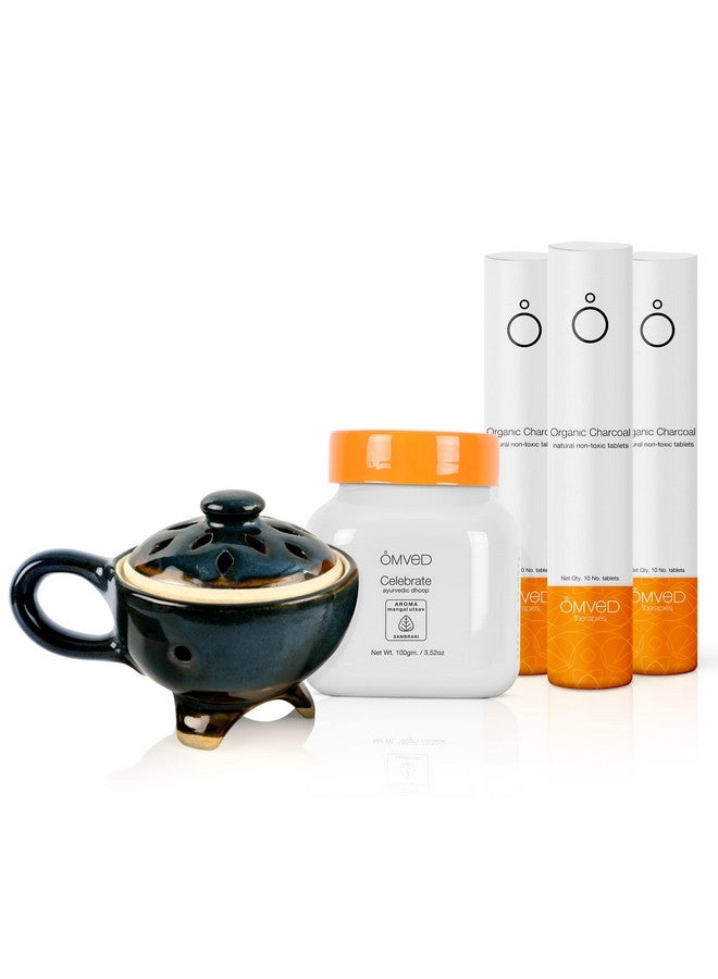 Omved Festive Special Bundle Set With Celebrate Ayurvedic Dhoop, Dhoop Charcoal-Pack Of 30 And Ceramic Tribal Dhoopdan - Image 1