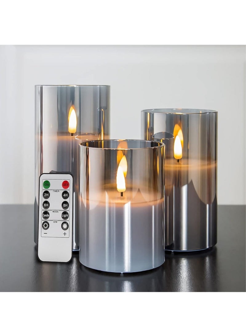 Flameless Flickering Electric Candles with Remote, 3 Pack Realistic LED Fake Candles, for Birthday Party/Wedding (Grey) - Image 1