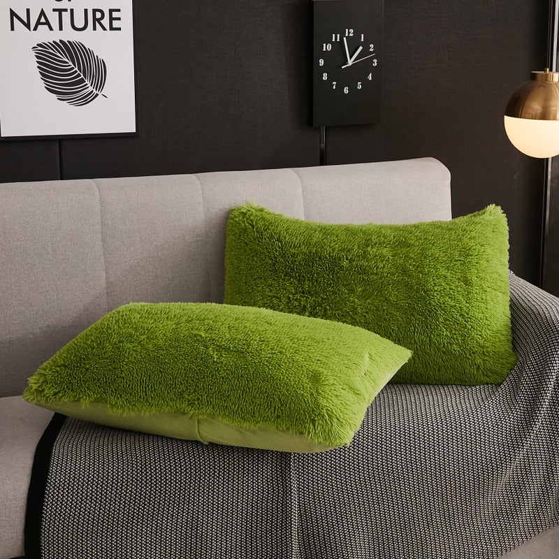 WERDIM WERDIM Shaggy Fluffy Faux Fur Pillowcases 2 Pack Button Closure Velvet Pillow Shams King Size (Apple Green  20 X 36 Inches)  - Image 3