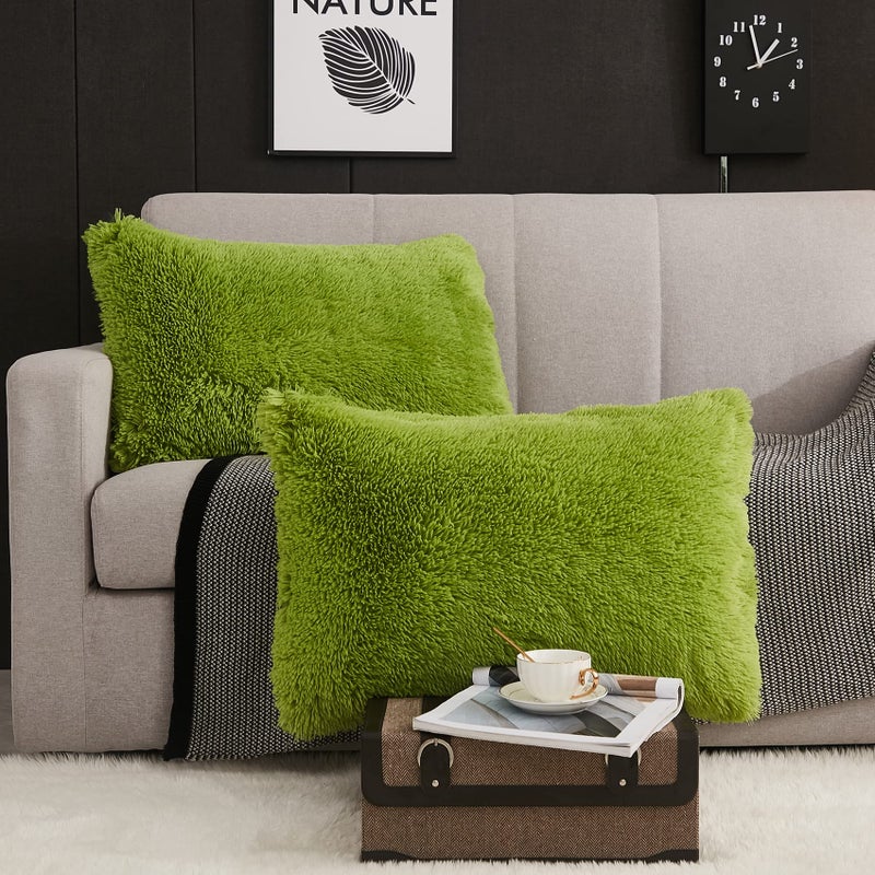 WERDIM WERDIM Shaggy Fluffy Faux Fur Pillowcases 2 Pack Button Closure Velvet Pillow Shams King Size (Apple Green  20 X 36 Inches)  - Image 2