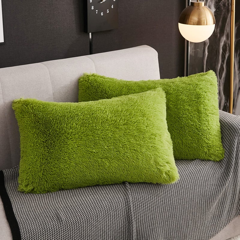 WERDIM WERDIM Shaggy Fluffy Faux Fur Pillowcases 2 Pack Button Closure Velvet Pillow Shams King Size (Apple Green  20 X 36 Inches)  - Image 1
