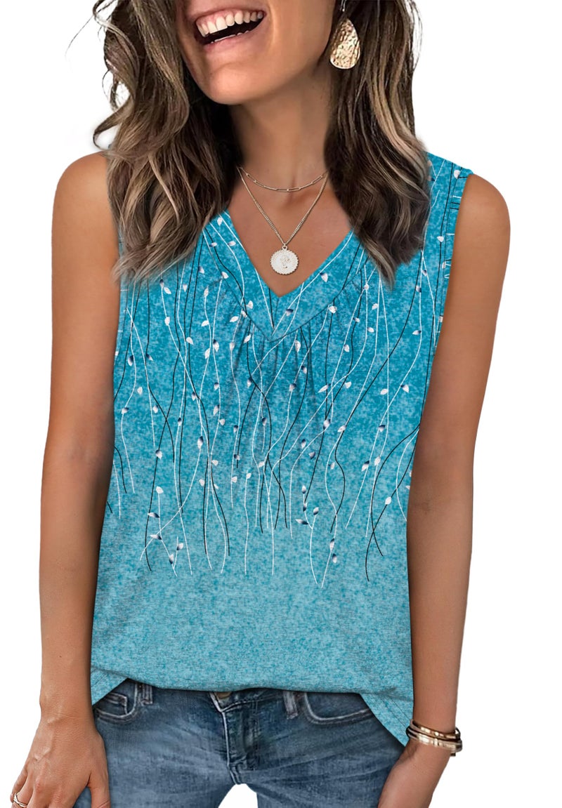 OFEEFAN Tank Tops for Women Teacher Outfits Ruched V Neck Blouses Spring Tee Flowy Shirts Z-Blue line L - Image 1