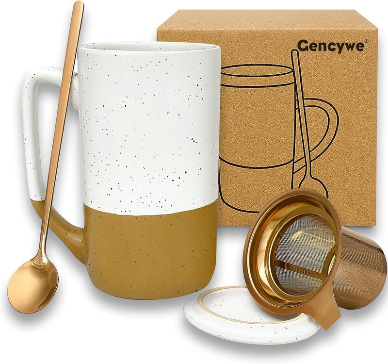 Gencywe Ceramics Large Tea Cup with Loose Leaf Infuser Spoon and Lid 16 oz Tall Coffee Mug Microwave and Dishwasher Safe Rustic Matte Ceramic Glaze Tea Strainer Amber - Image 1