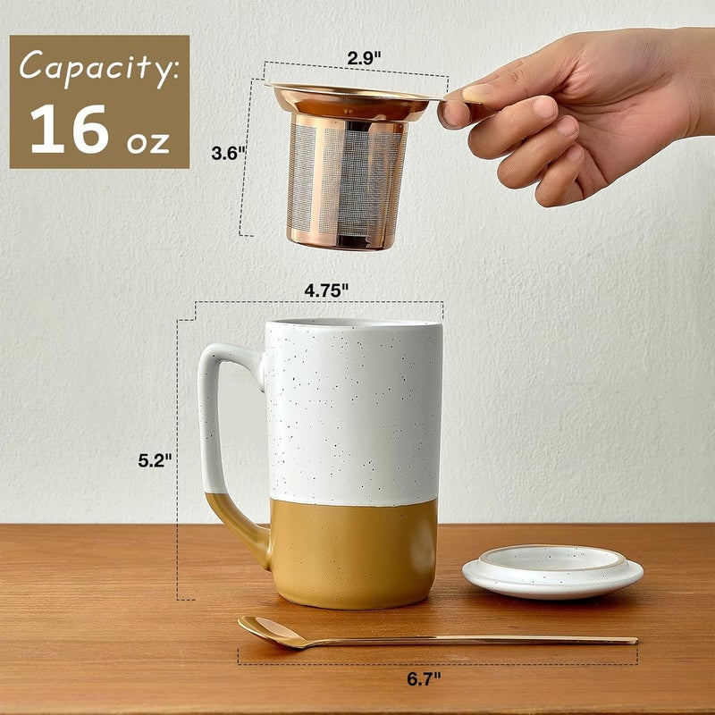 Gencywe Ceramics Large Tea Cup with Loose Leaf Infuser Spoon and Lid 16 oz Tall Coffee Mug Microwave and Dishwasher Safe Rustic Matte Ceramic Glaze Tea Strainer Amber - Image 3