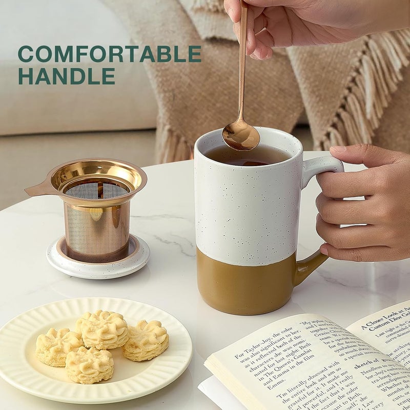 Gencywe Ceramics Large Tea Cup with Loose Leaf Infuser Spoon and Lid 16 oz Tall Coffee Mug Microwave and Dishwasher Safe Rustic Matte Ceramic Glaze Tea Strainer Amber - Image 2