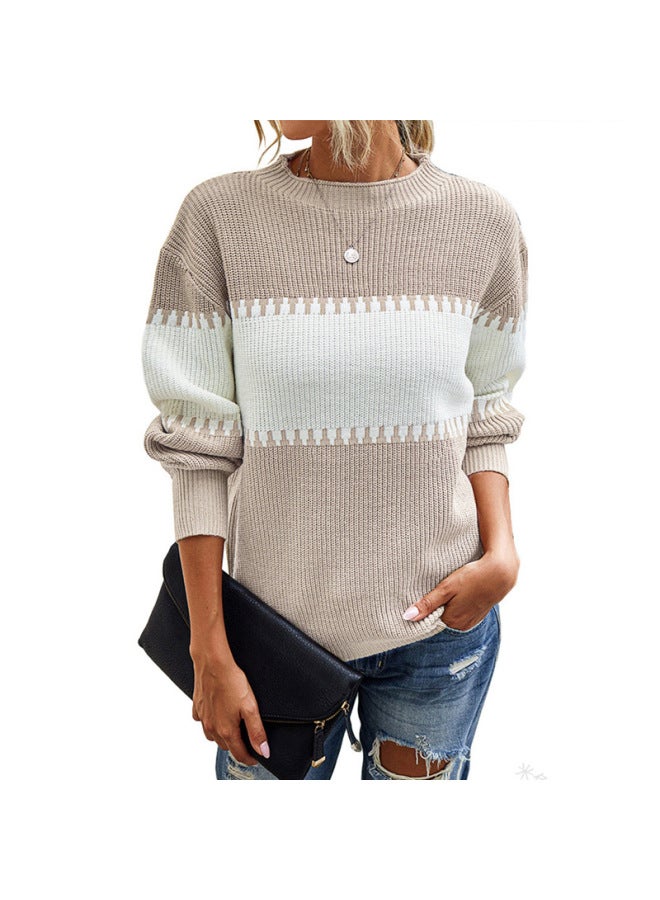 European And American Women's Clothing Hot Elegant Casual Contrasting Color Round Neck over Knitwear Women's Lantern Sleeve Knitwear