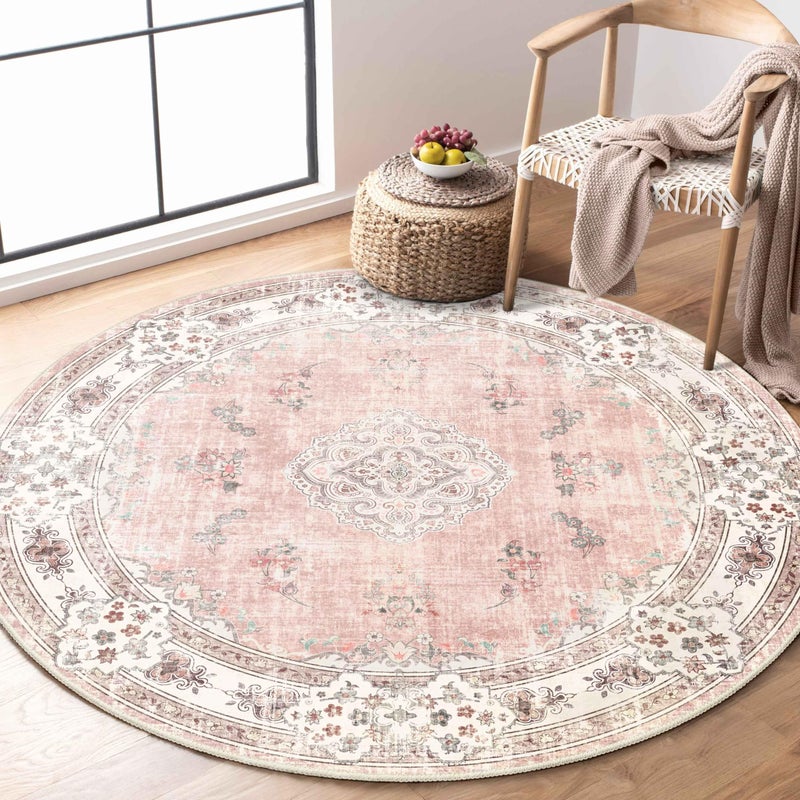MUJOO Pink Round Rug 4ftCircle Washable Area Rugs for Bedroom Living Room BathroomBoho Small Non Slip Circular CarpetBlush Floral
