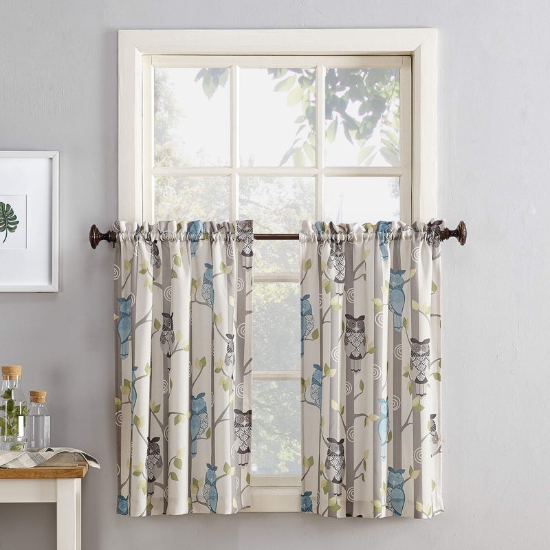 No. 918 No. 918 Hoot Owl Print Semi-Sheer Rod Pocket Kitchen Curtain Tier Pair  56"" x 36""  Mocha  - Image 2
