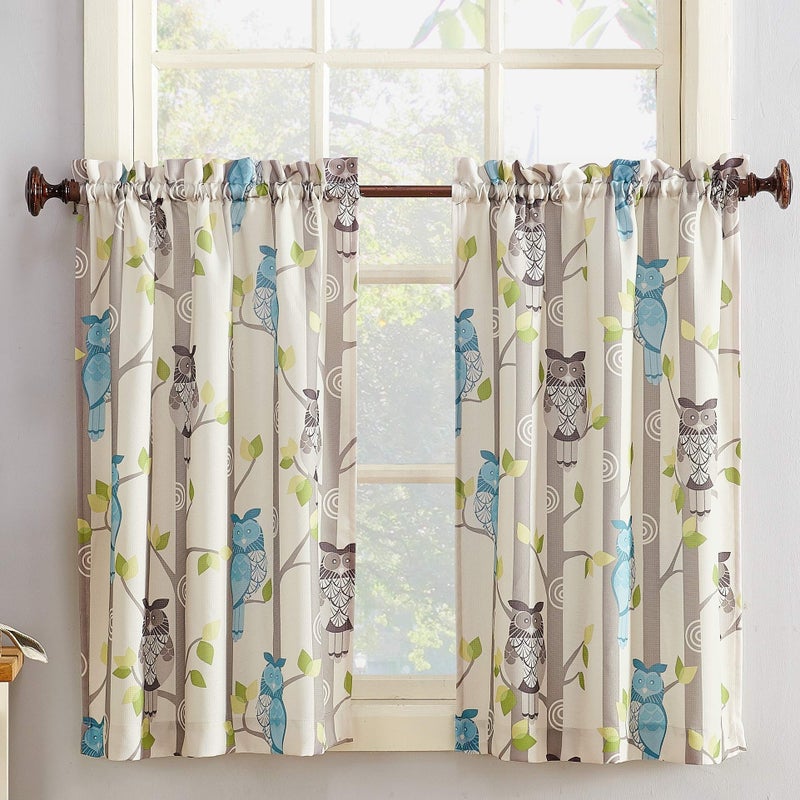 No. 918 No. 918 Hoot Owl Print Semi-Sheer Rod Pocket Kitchen Curtain Tier Pair  56"" x 36""  Mocha  - Image 1
