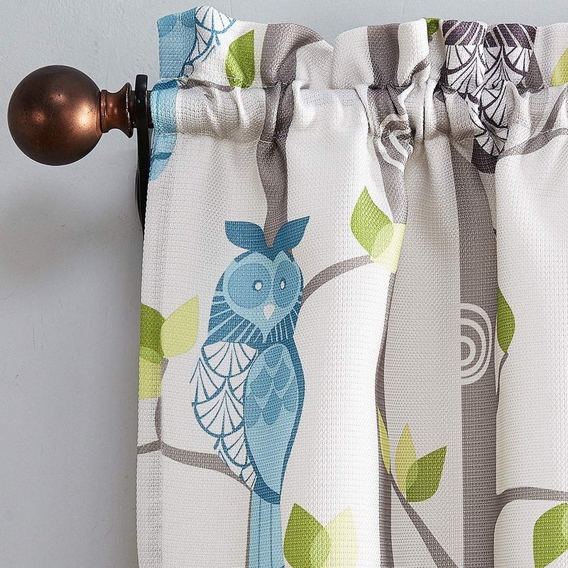 No. 918 No. 918 Hoot Owl Print Semi-Sheer Rod Pocket Kitchen Curtain Tier Pair  56"" x 36""  Mocha  - Image 3