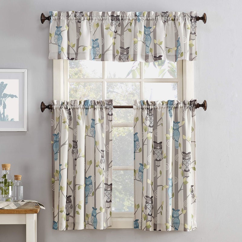 No. 918 No. 918 Hoot Owl Print Semi-Sheer Rod Pocket Kitchen Curtain Tier Pair  56"" x 36""  Mocha  - Image 5