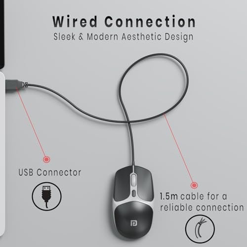 Portronics Toad 103 Wired Optical Mouse with 2400 DPI, Plug & Play, Ambidextrous, Hi-Optical Tracking, 1.5M Cable Length, 30 Lakhs Click Life, Ergonomic Mouse for Comfortable All-Day Grip (Black) - Image 2