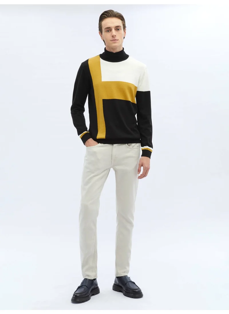 Kip Black Full Turtleneck Patterned Cotton Blend Sweater