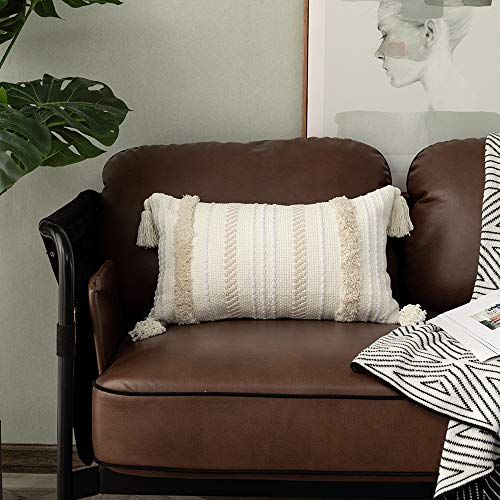 OJIA Lumbar Decorative Boho Throw Pillow Cover, 12 x 20 Farmhouse Cute Pillowcase Minimalist Neutral Collection Cream White Tufted with Tassels Woven Cushion Cover for Sofa Couch Bedroom Living Room - Image 2