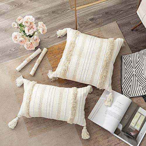 OJIA Lumbar Decorative Boho Throw Pillow Cover, 12 x 20 Farmhouse Cute Pillowcase Minimalist Neutral Collection Cream White Tufted with Tassels Woven Cushion Cover for Sofa Couch Bedroom Living Room - Image 3