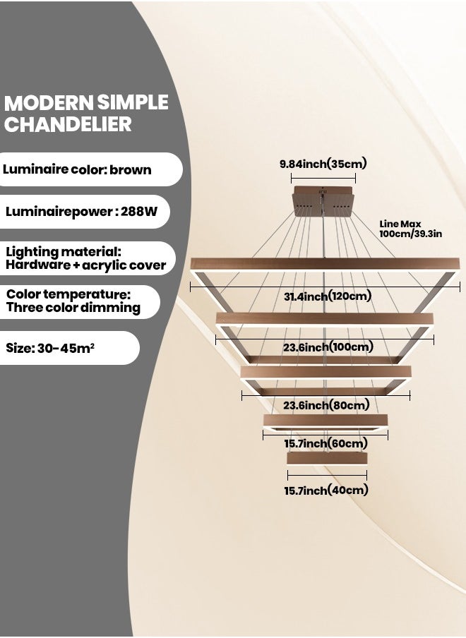 YATAI LIGHTING - ثريا LED حديثة - 5 حلقات إضاءة قابلة للتعتيم مع جهاز تحكم عن بعد، 3 ألوان قابلة للتعتيم، ارتفاع قابل للتعديل وتبديد الحرارة - مثالية لغرف المعيشة وغرف النوم والسلالم، 288 وات - Image 1