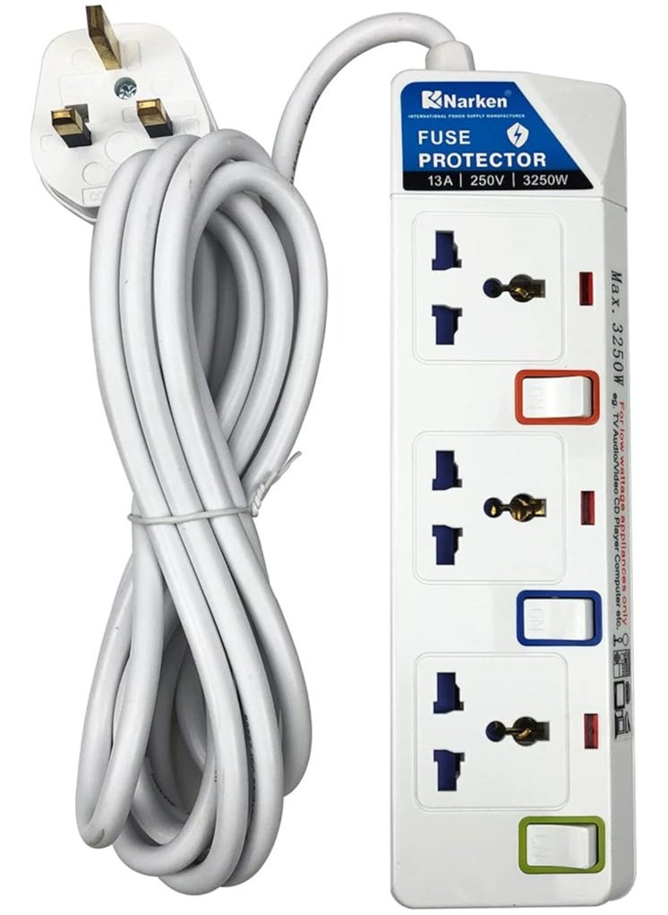 Narken E Series Electric Universal Extension Cord 3 Socket 3 Meter Power Strip Wire 13a Fuse Surge With Separate Single Switch and Indicate Light Max 13a 3250w Ac 250v  - Image 1