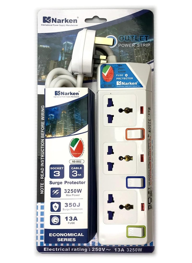 Narken E Series Electric Universal Extension Cord 3 Socket 3 Meter Power Strip Wire 13a Fuse Surge With Separate Single Switch and Indicate Light Max 13a 3250w Ac 250v  - Image 3