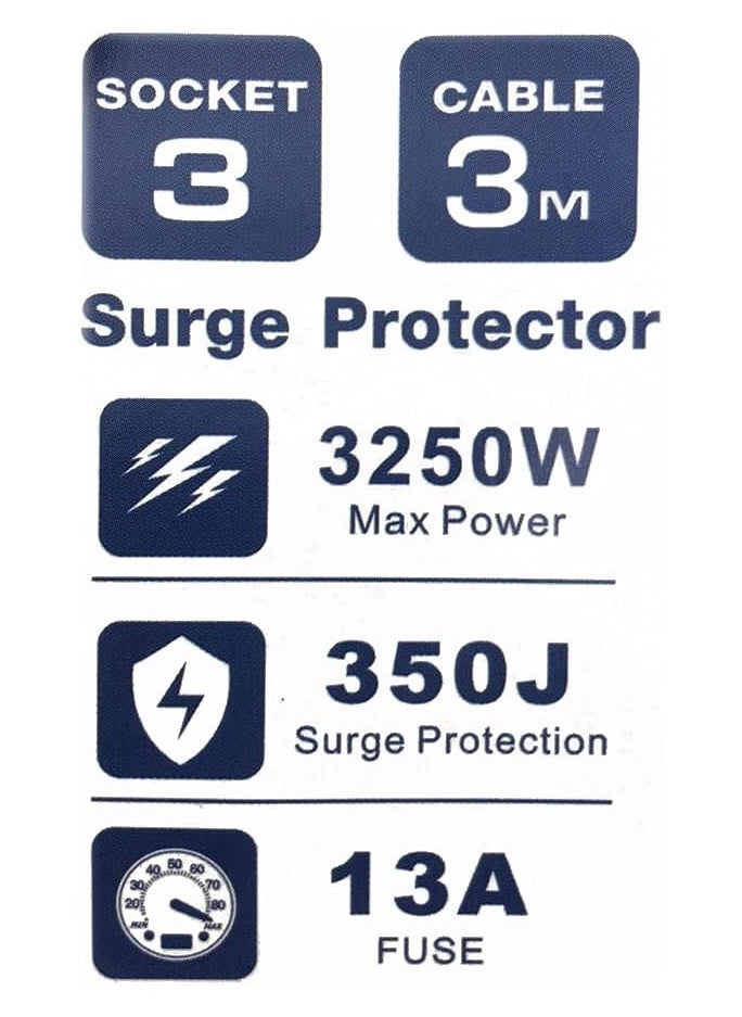 Narken E Series Electric Universal Extension Cord 3 Socket 3 Meter Power Strip Wire 13a Fuse Surge With Separate Single Switch and Indicate Light Max 13a 3250w Ac 250v  - Image 5