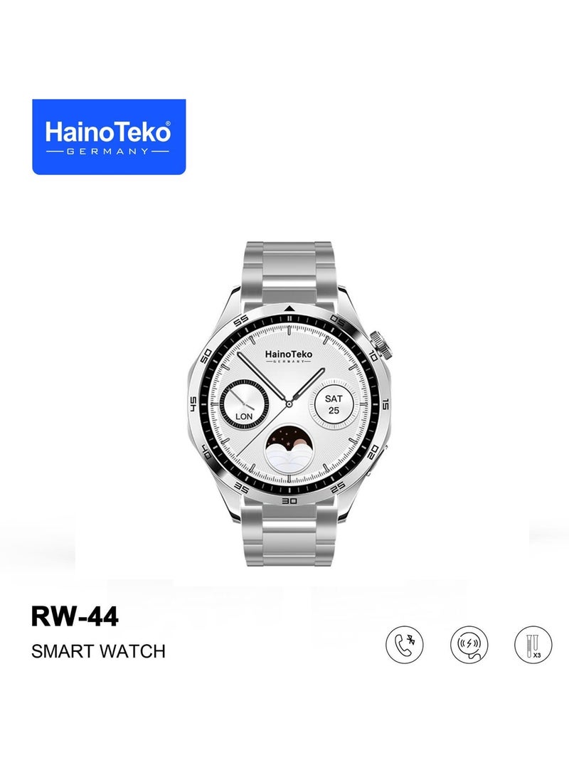 Haino Teko - Haino Teko Germany RW44 Round Screen AMOLED Display Smart Watch With 3 Pair Straps and Wireless Charger For Gents and Boys Silver - Image 1